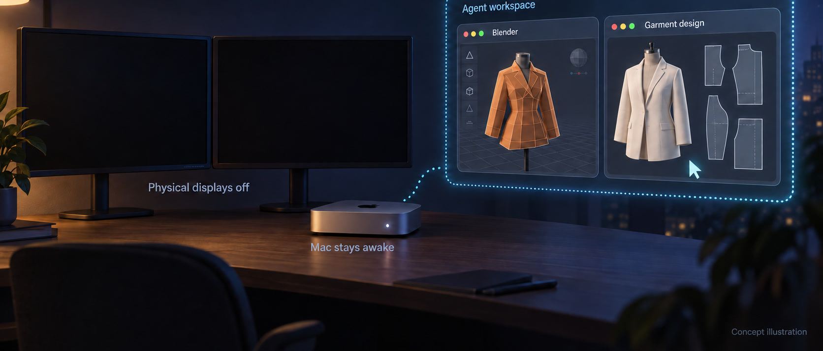 Concept illustration: two dark monitors and an awake Mac on a desk at night, beside a floating virtual display showing Blender and a garment-design window under an agent’s cursor.